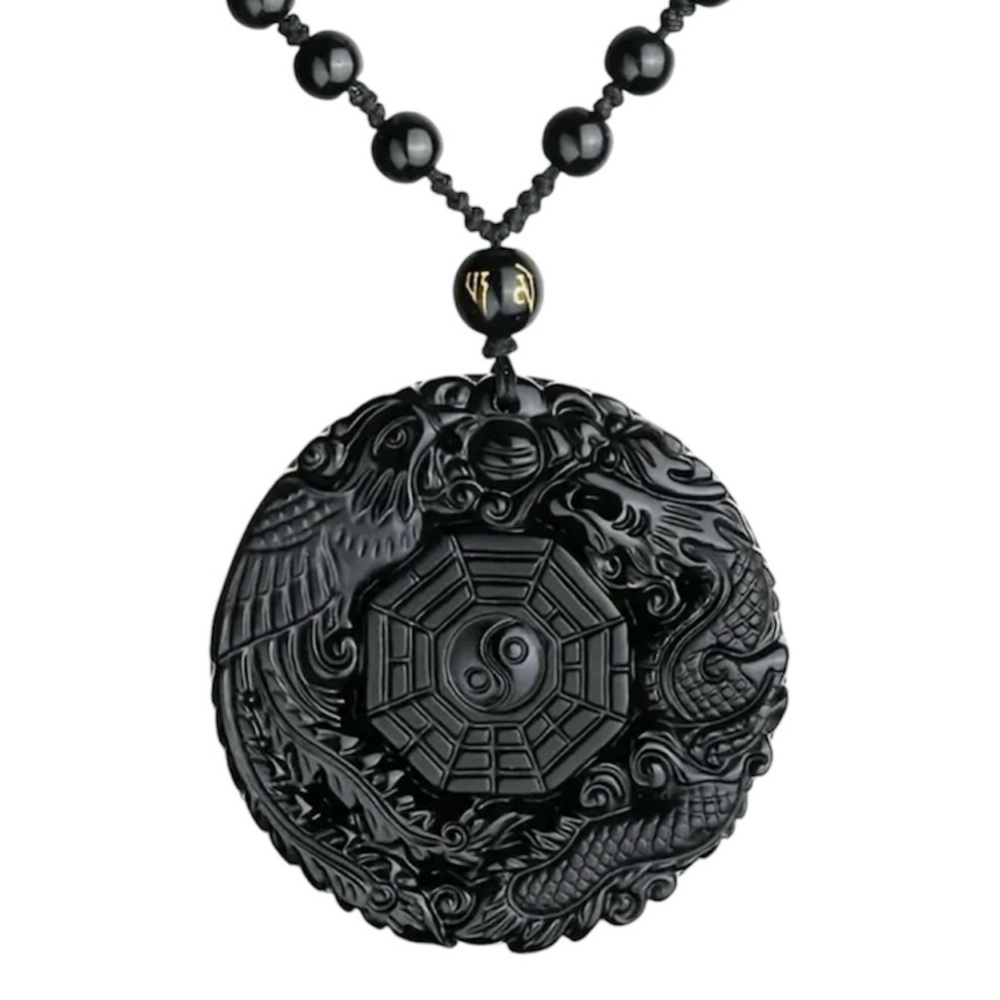 Black Pendant w/Chinese Symbols, Obsidian Glass Bead Chain Necklace Unisex Gift
